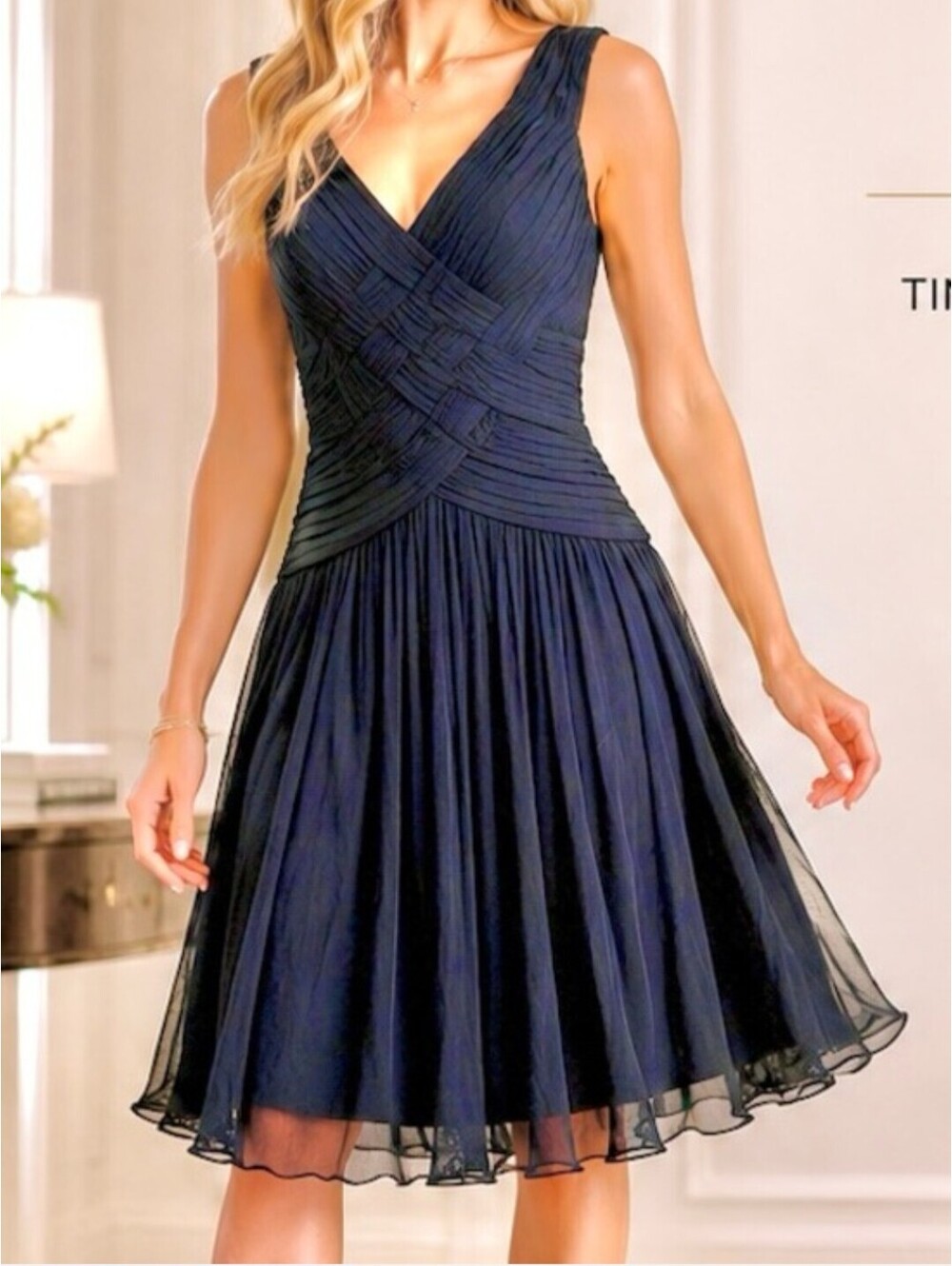 TADASHI COLLECTION navy silk layered knee length dress sz 8